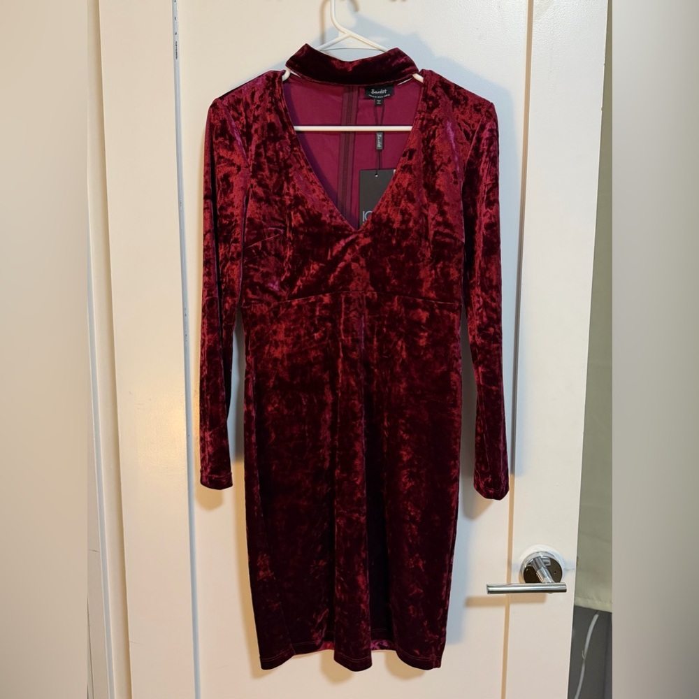 Bardot NWT Long Sleeve Velvet Choker Dress in Deep Burgundy